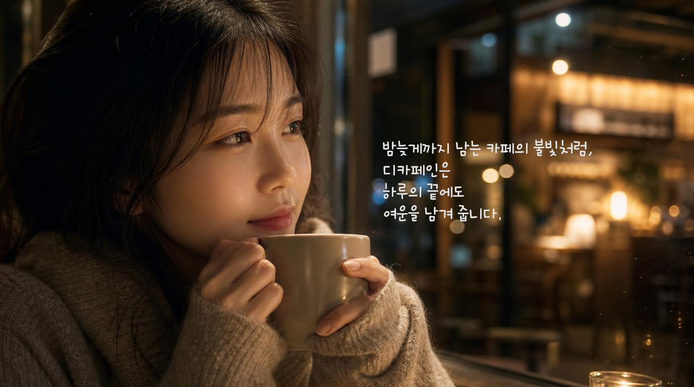 밤늦게까지 남는 카페의 불빛처럼, 디카페인은 하루의 끝에도 여운을 남겨 줍니다.